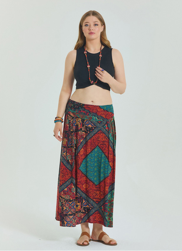 Red Plus Size Skirt with Elastic Waist and Drape Detail 4599